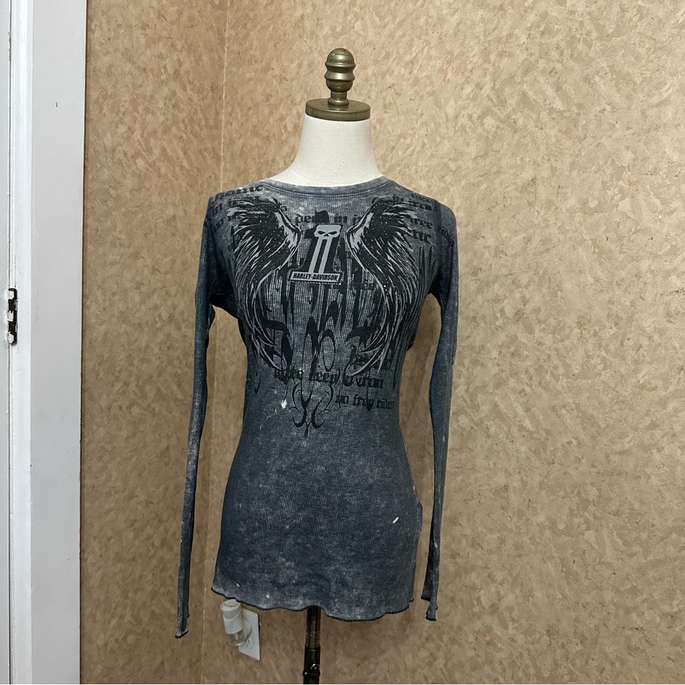 VTG Y2K 2000s Harley-Davidson Motorcycles Skull Wings Studded Crewneck Top